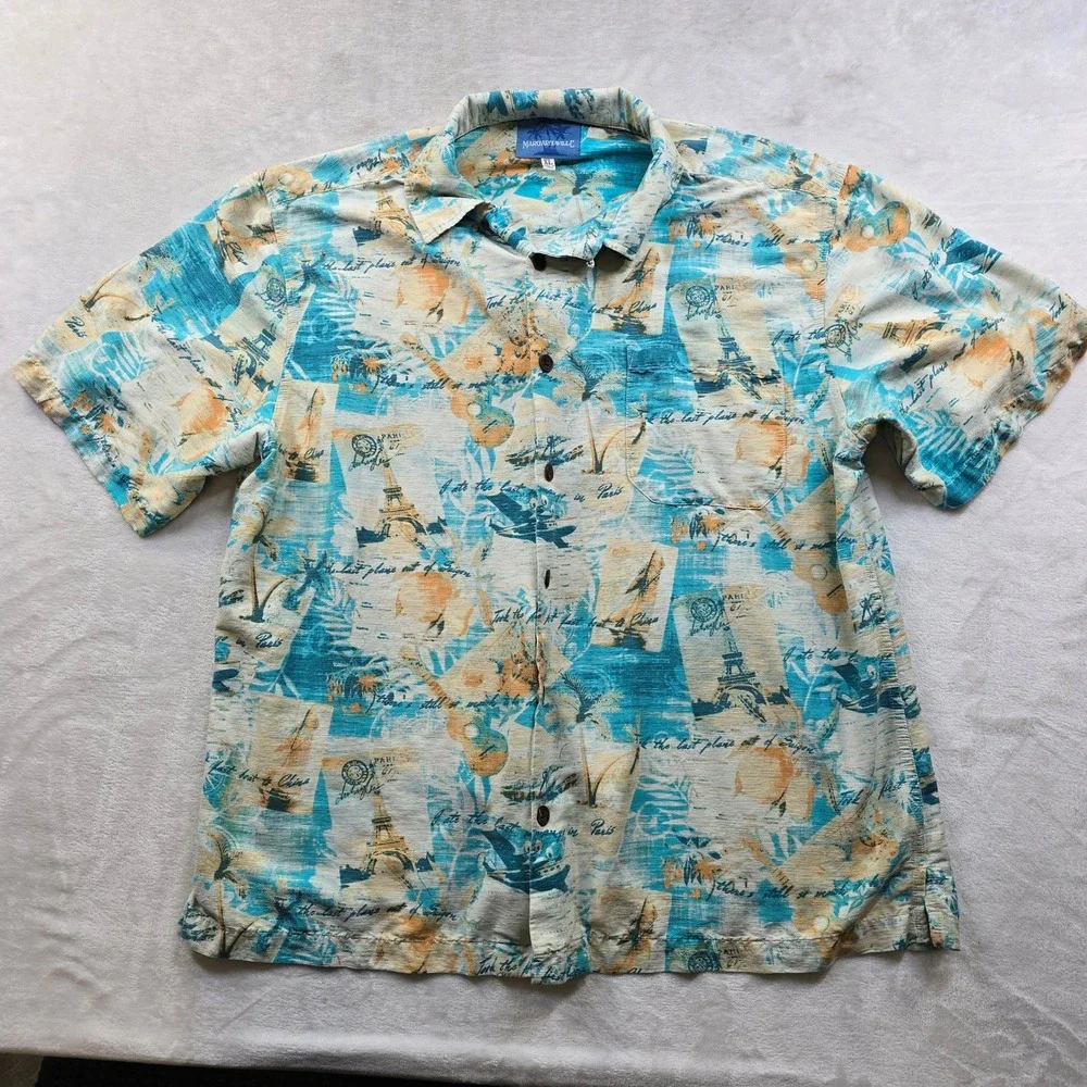 Margaritaville Silk Shirt Mens XL Blue Tropical Travel Eiffel Tower Button‎ Down